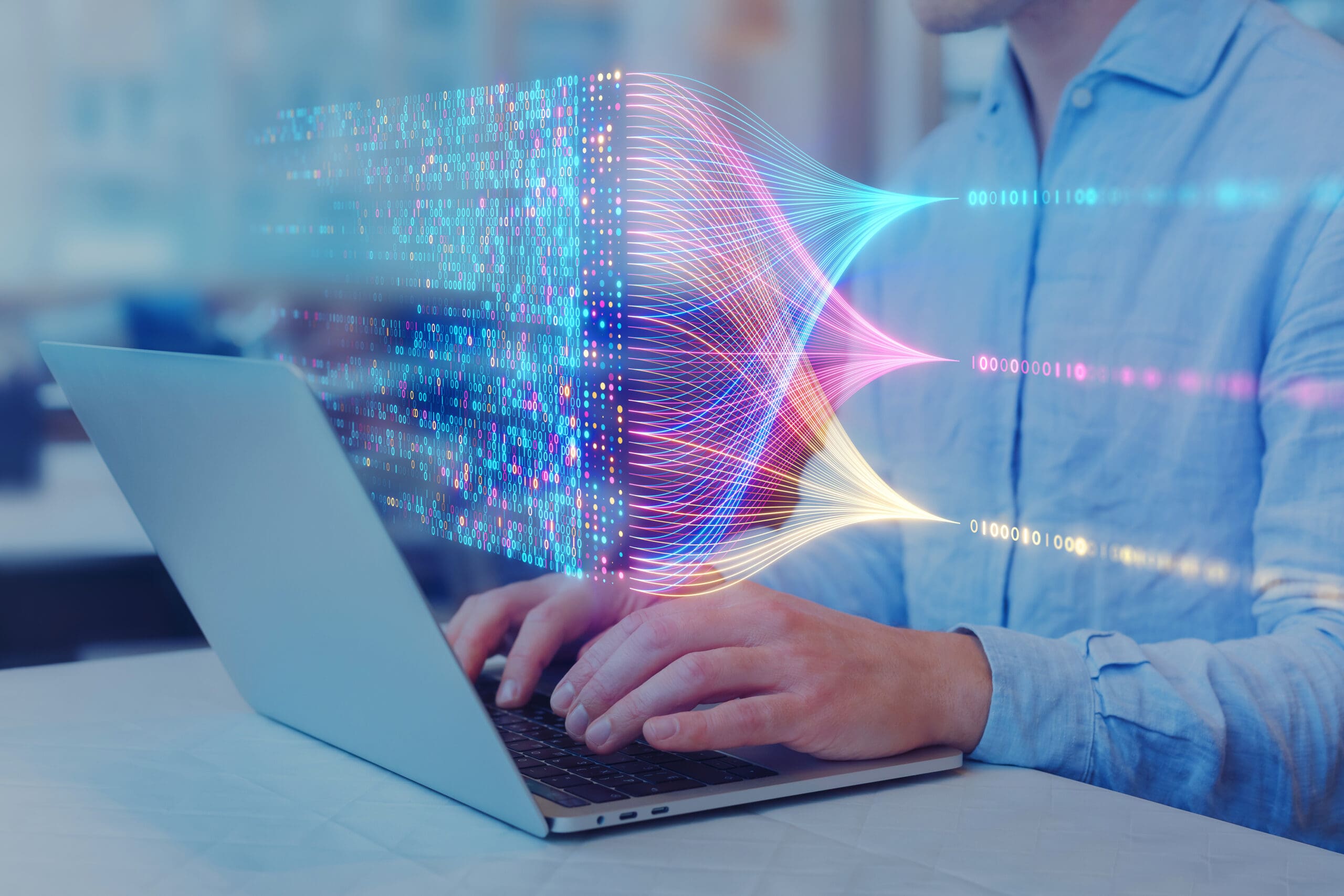 User-configurable LIMS. Data science and big data technology. Data scientist computing, analysing and visualizing complex data stream on computer. Data mining, artificial intelligence, machine learning, business analytics.