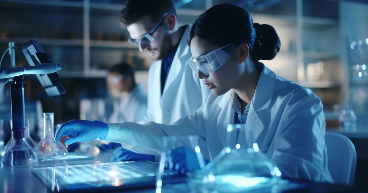 Two Scientists Working Together Analysing Chemicals in Laboratory Flask. Neural network ai generated - LabLynx