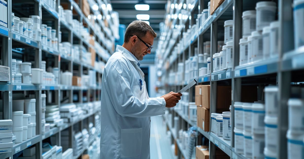 A man in a white lab coat is looking at a computer screen in a warehouse. He is wearing a blue shirt and glasses - LabLynx