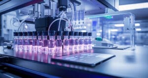 An automated laboratory workstation with robotic arms handling sample plates