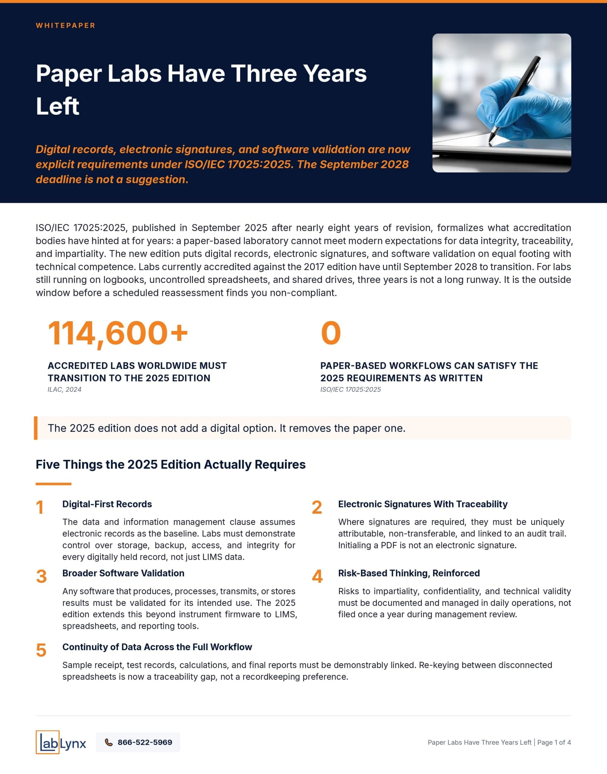 Infographic header: blue hero with 'Paper Labs Have Three Years Left' and orange subheading about ISO 17025:2025; right-side image of gloved hand writing on a tablet.