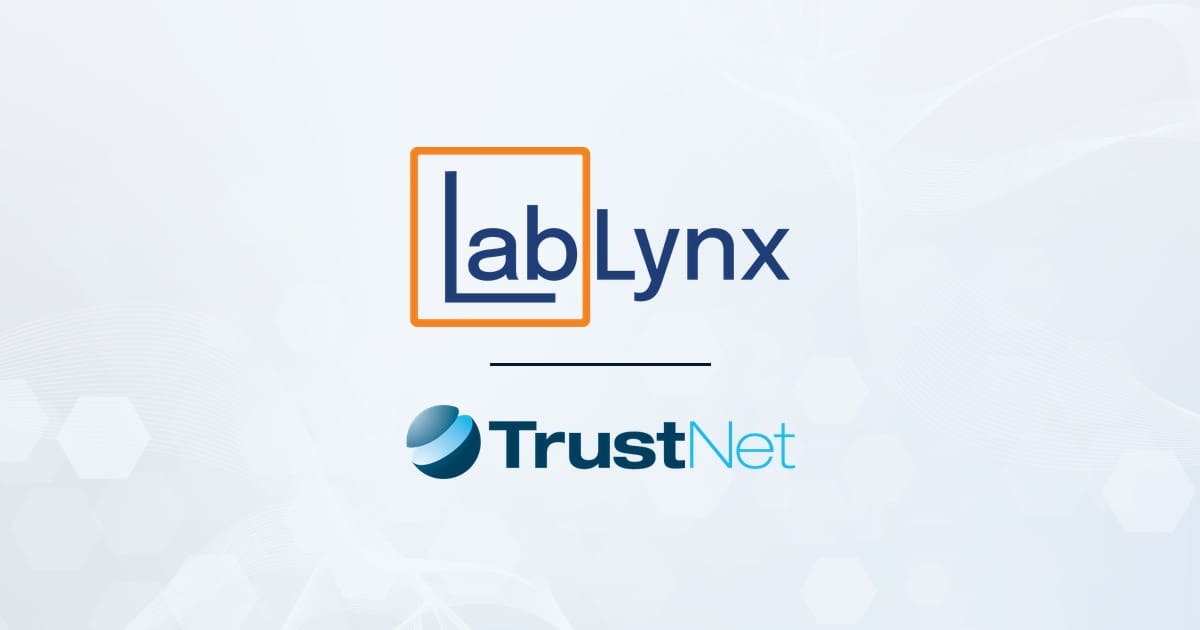 The LabLynx and TrustNet logos stacked one above the other, separated by a short rule, on a pale blue background.