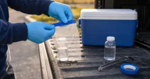Person wearing blue gloves seals a water sample in a plastic bag beside a blue cooler on a truck bed