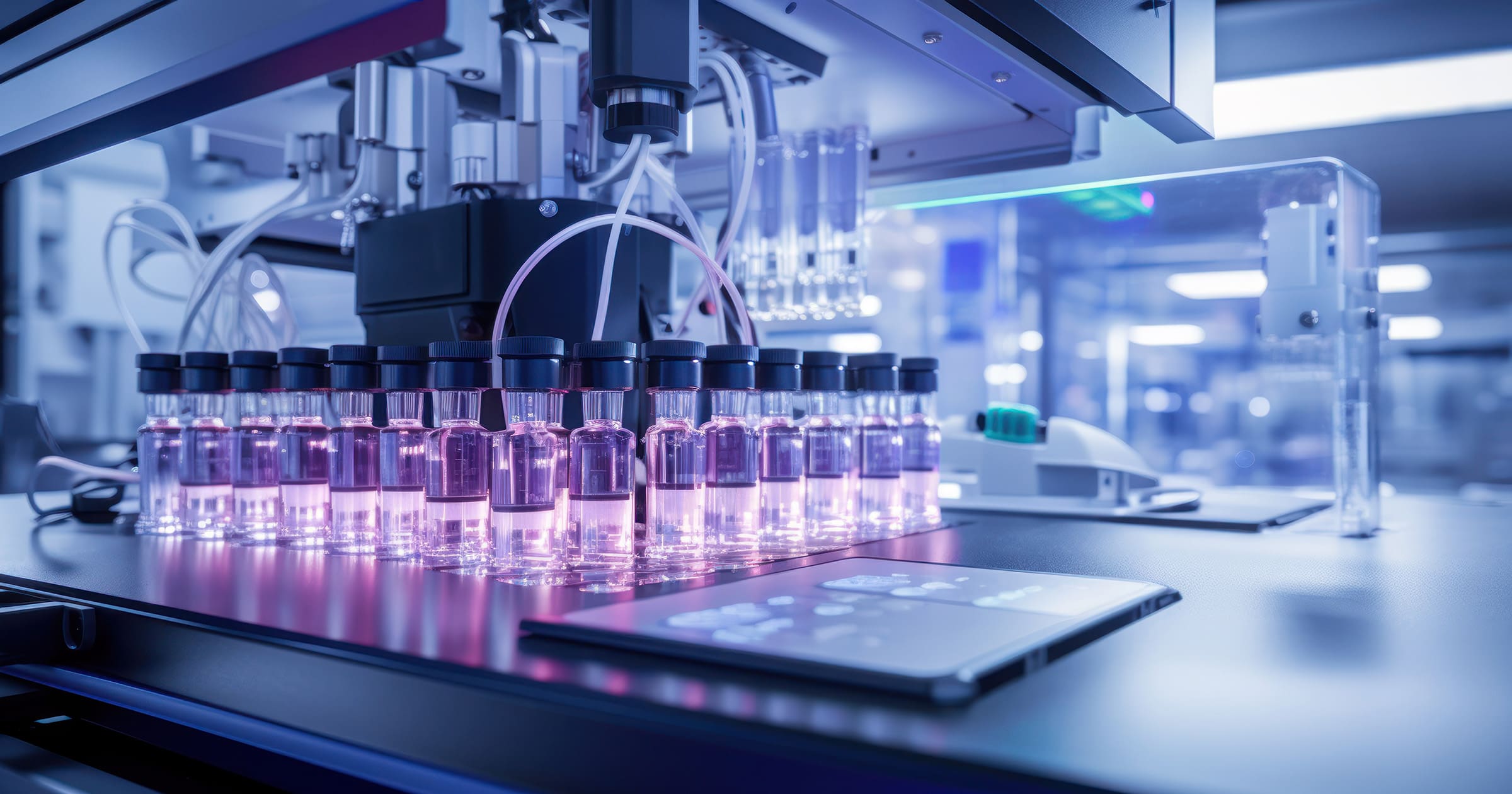 Row of pink liquid-filled test tubes in a high-tech laboratory with robotic equipment nearby, conveying automated processing.