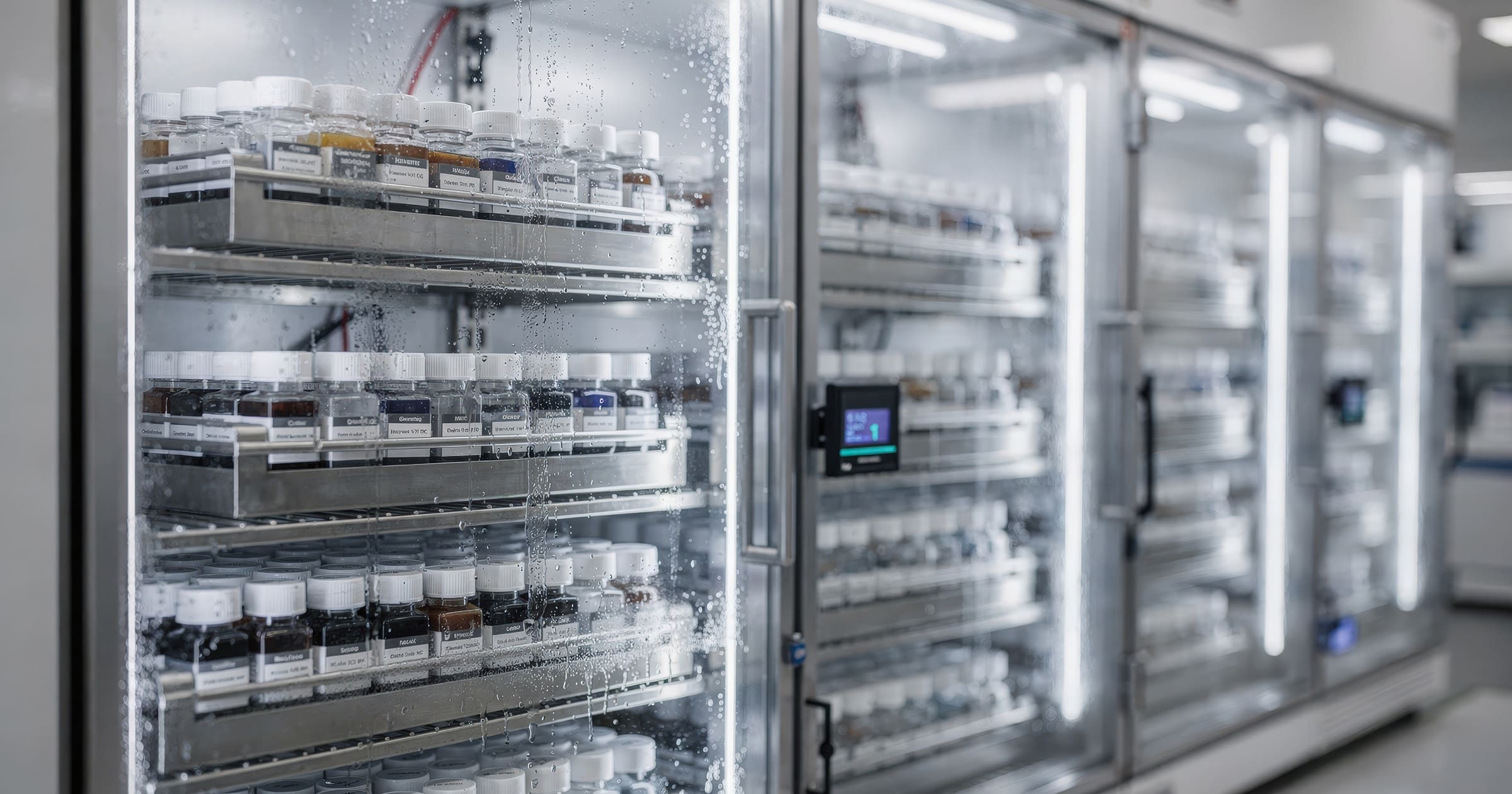 Refrigerated pharmacy storage with multiple labeled medicine bottles behind condensation on glass doors.