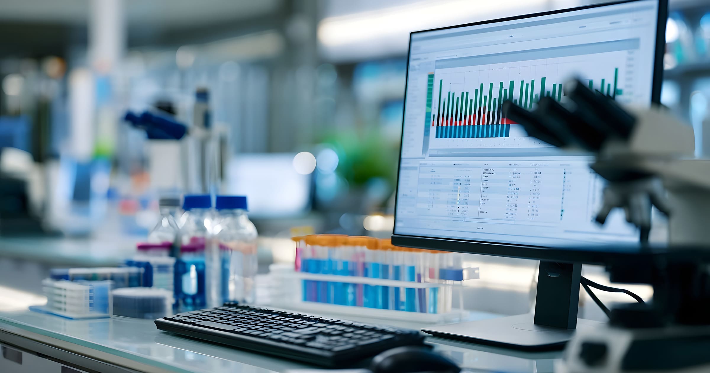 Lab workstation with a monitor displaying a multi‑colored data chart and tables, keyboard in the foreground.