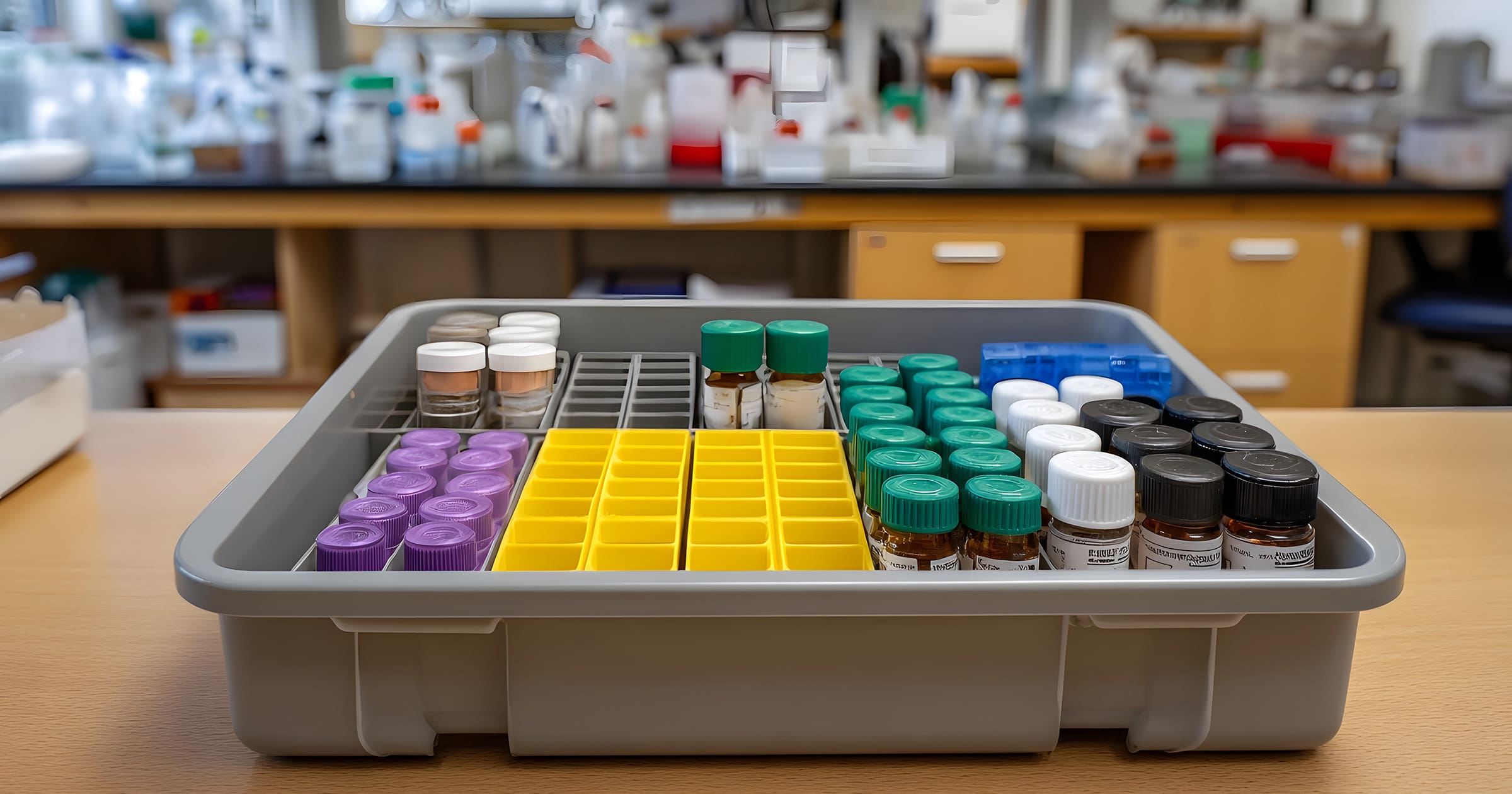 Open lab tray with sample bottles and purple, green, and white caps on a benchtop.